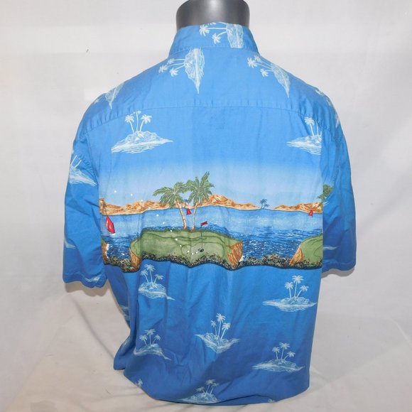 RETREAT Mens L  Island Golf Scene Blue Button Front Short Sleeve Shirt - Picture 11 of 13